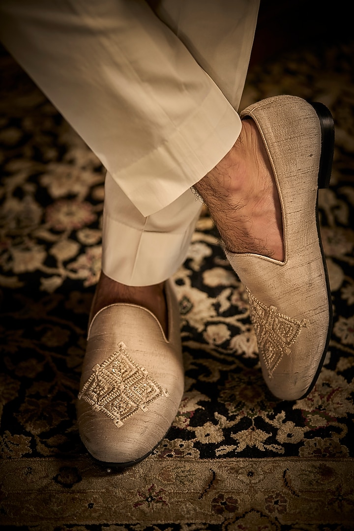 Nude Raw Silk Embroidered Groom Sherwani Set With Juttis by Seema Gujral Men at Pernia's Pop Up Shop