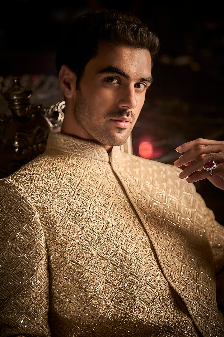 Nude Raw Silk Embroidered Groom Sherwani Set With Juttis by Seema Gujral Men at Pernia's Pop Up Shop