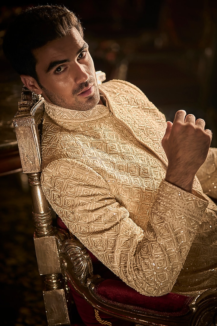 Nude Raw Silk Embroidered Groom Sherwani Set With Juttis by Seema Gujral Men at Pernia's Pop Up Shop