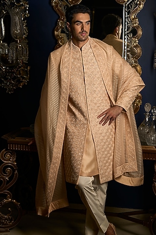Peach Raw Silk Embroidered Sherwani Set With Juttis & Stole by Seema Gujral Men