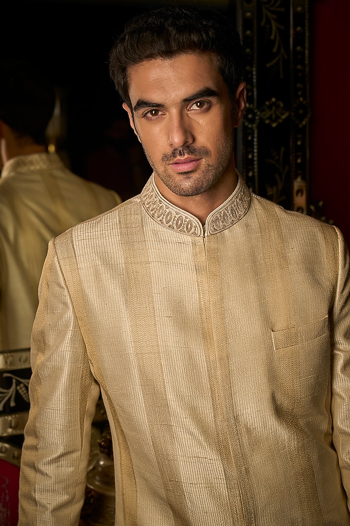 Cream Raw Silk Embroidered Groom Sherwani Set With Juttis Stole