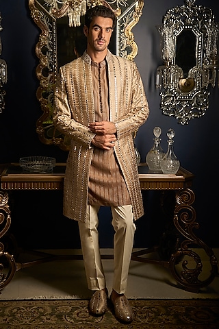 Beige Raw Silk Embroidered Indowestern Set With Juttis by Seema Gujral Men