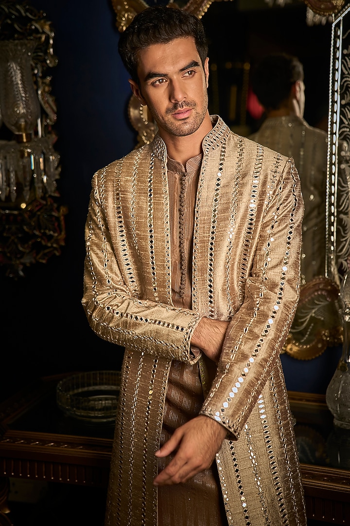 Beige Raw Silk Embroidered Groom Indowestern Set With Juttis by Seema Gujral Men at Pernia's Pop Up Shop