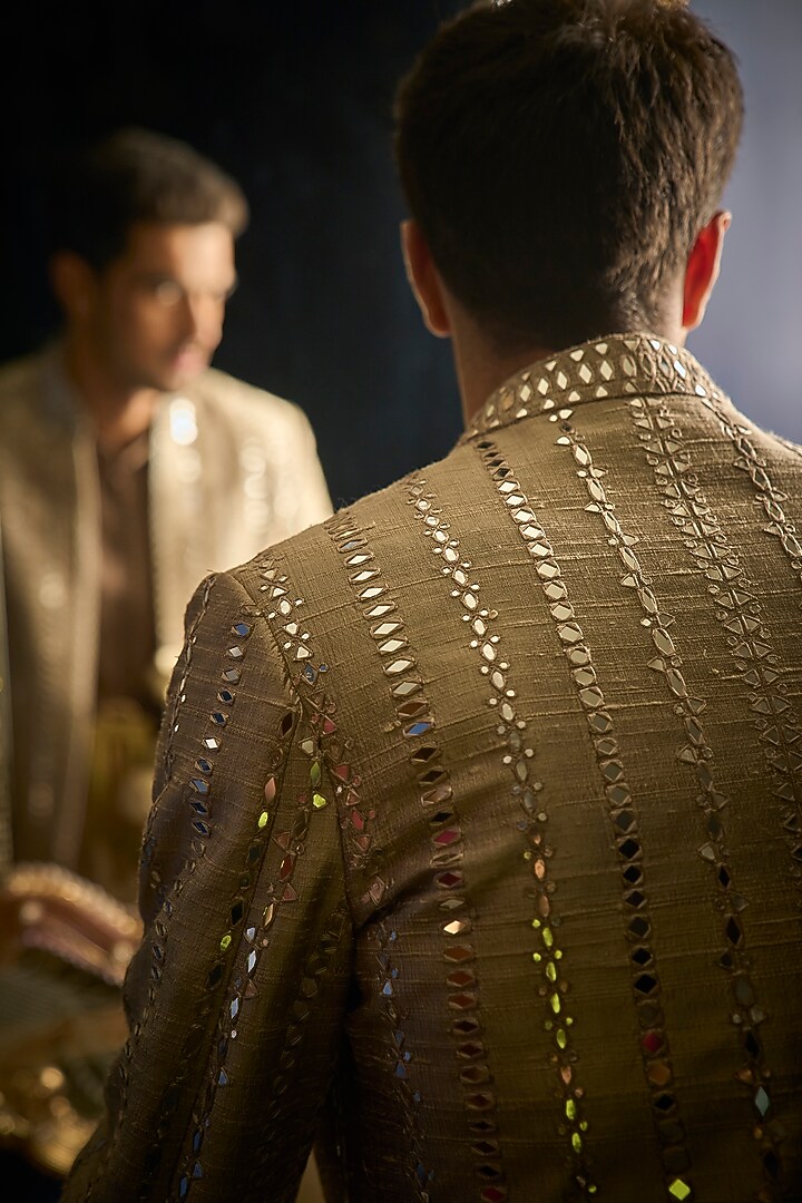 Beige Raw Silk Embroidered Groom Indowestern Set With Juttis by Seema Gujral Men at Pernia's Pop Up Shop