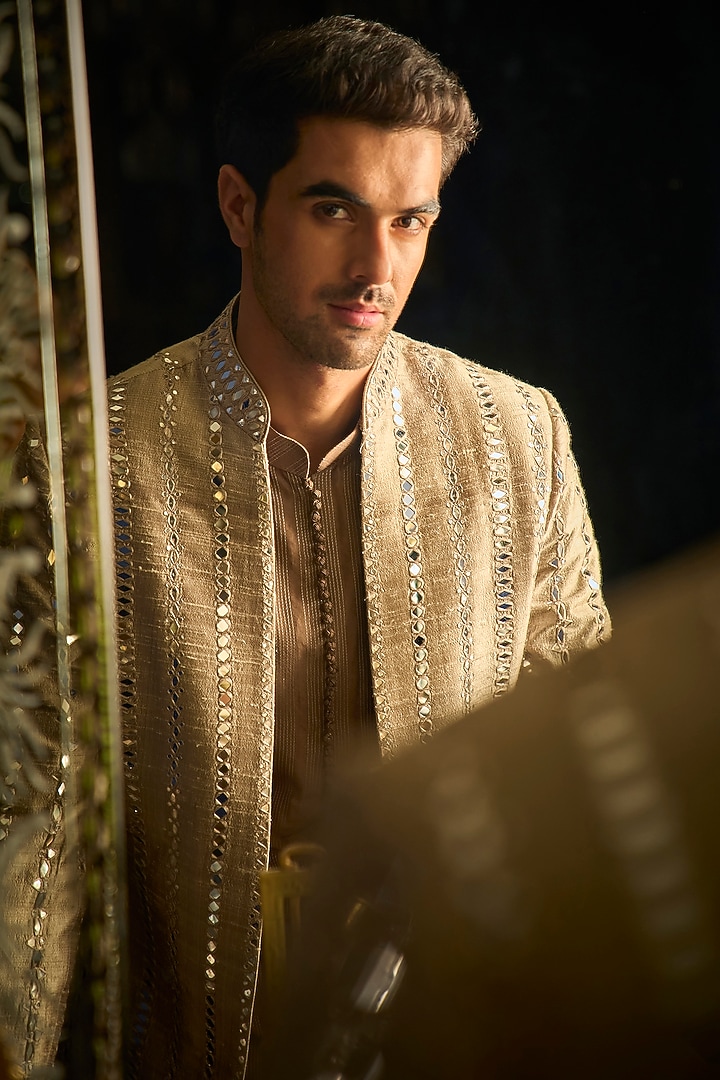 Beige Raw Silk Embroidered Groom Indowestern Set With Juttis by Seema Gujral Men at Pernia's Pop Up Shop