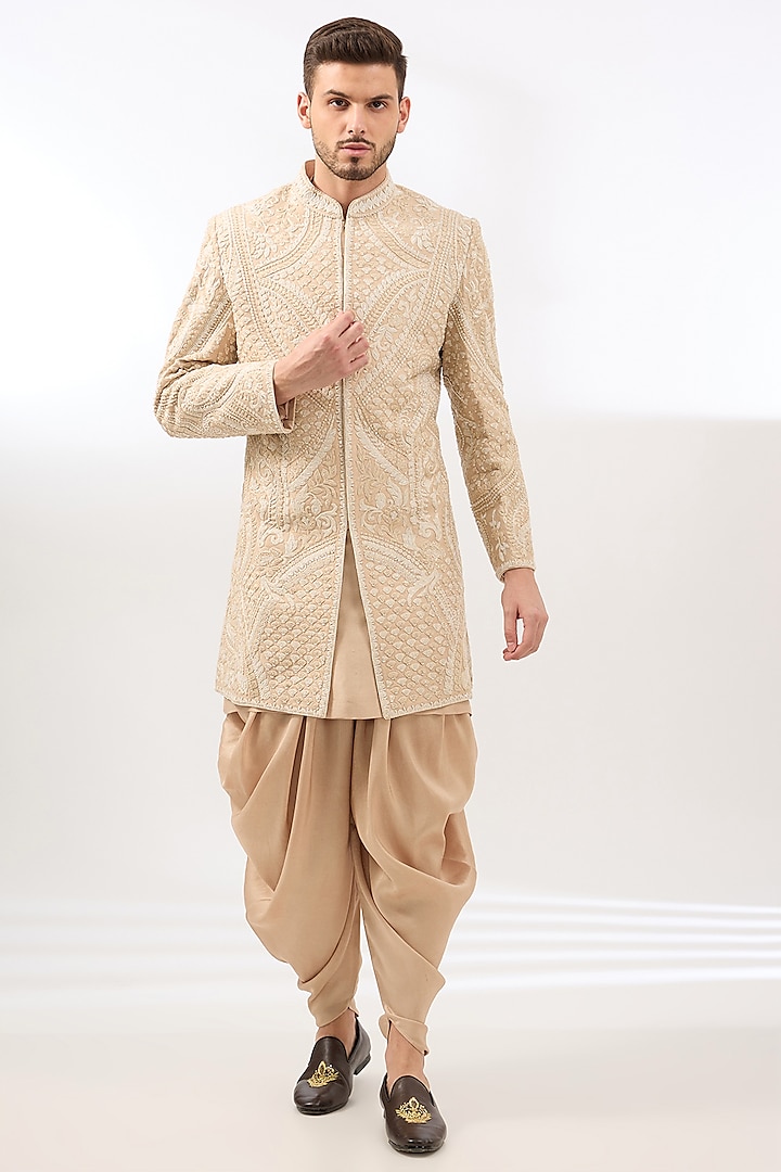 Beige Raw Silk Embroidered Sherwani Set by Seema Gujral Men