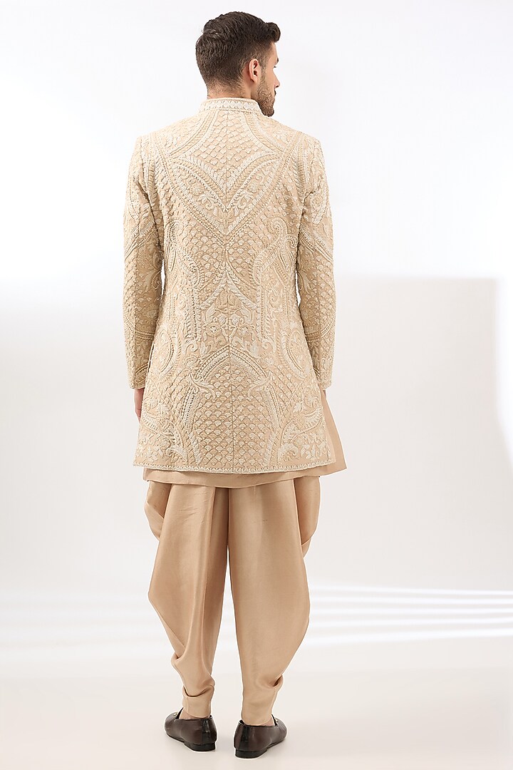 Beige Raw Silk Embroidered Sherwani Set by Seema Gujral Men at Pernia's Pop Up Shop