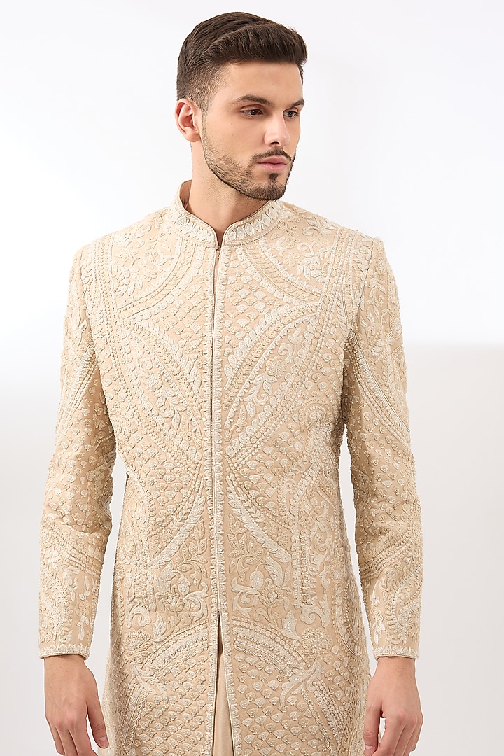 Beige Raw Silk Embroidered Sherwani Set by Seema Gujral Men at Pernia's Pop Up Shop