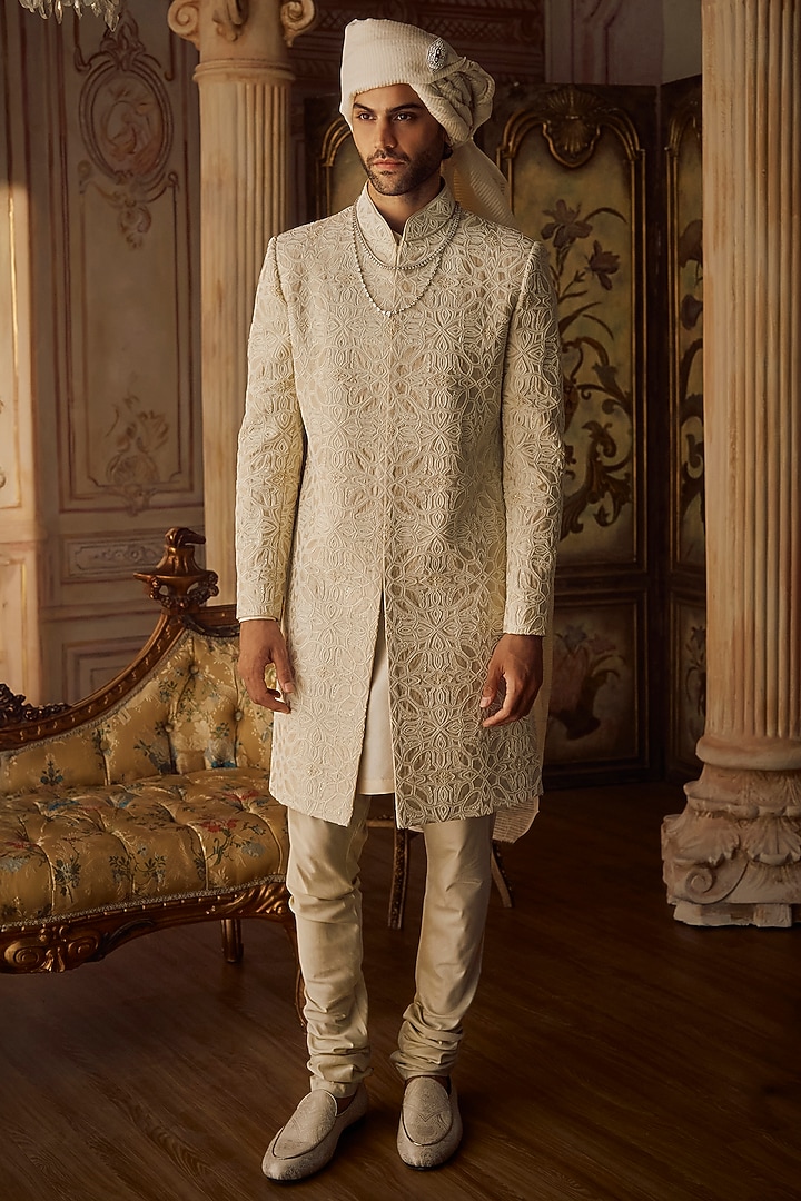 Nude Raw Silk Thread Embroidered Sherwani Set by Seema Gujral Men