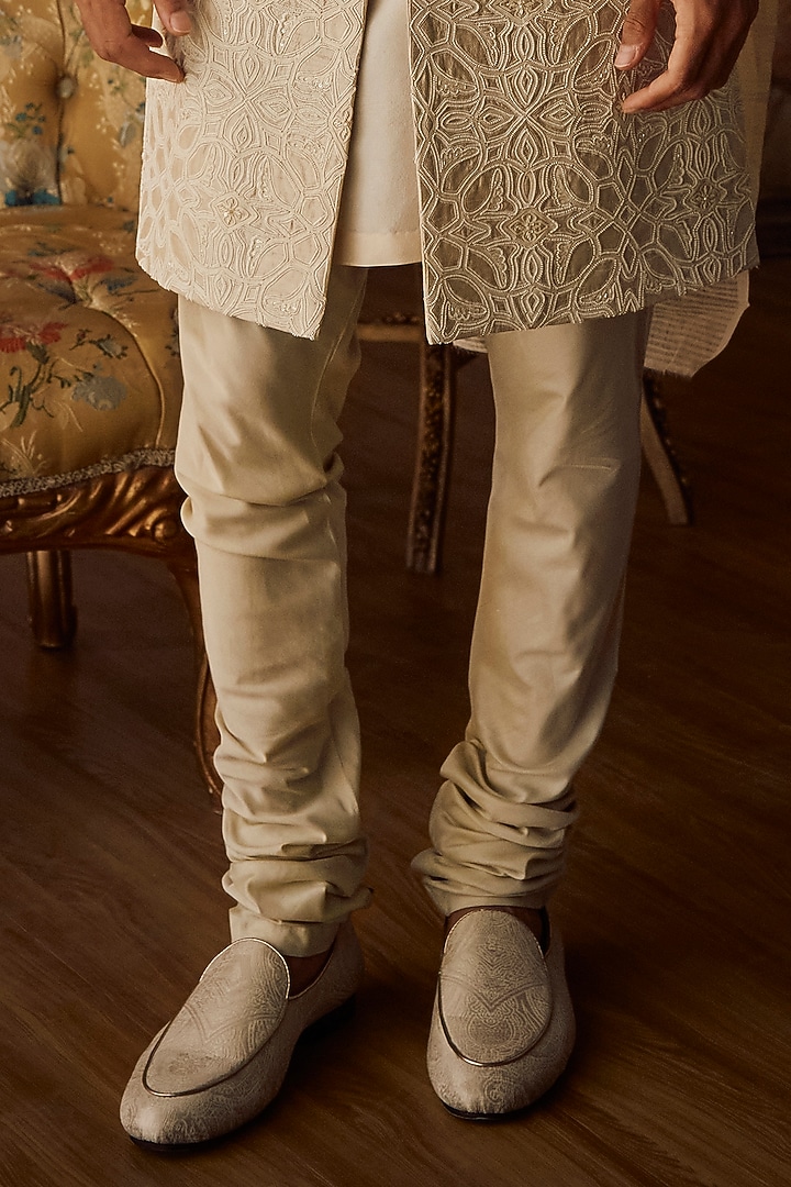 Nude Raw Silk Thread Embroidered Groom Sherwani Set by Seema Gujral Men at Pernia's Pop Up Shop