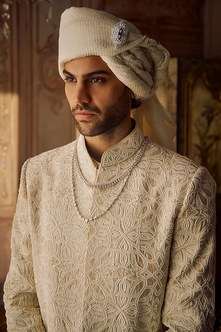Nude Raw Silk Thread Embroidered Groom Sherwani Set by Seema Gujral Men at Pernia's Pop Up Shop