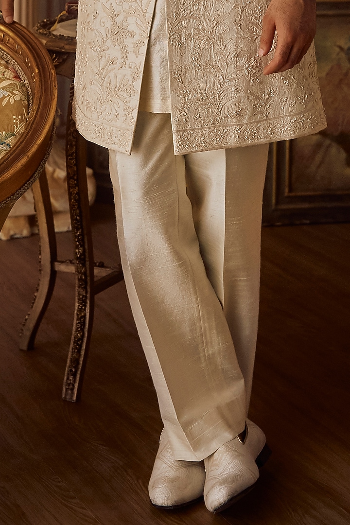 Ivory Raw Silk & Matka Silk Pearl Embroidered Groom Sherwani Set by Seema Gujral Men at Pernia's Pop Up Shop
