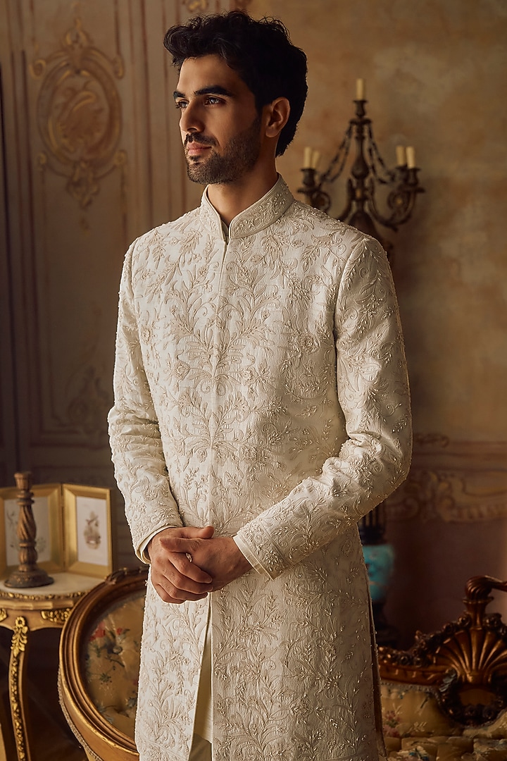 Ivory Raw Silk & Matka Silk Pearl Embroidered Groom Sherwani Set by Seema Gujral Men at Pernia's Pop Up Shop