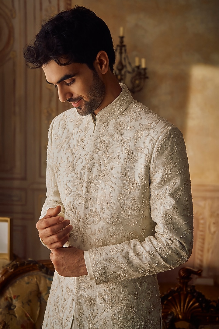 Ivory Raw Silk & Matka Silk Pearl Embroidered Groom Sherwani Set by Seema Gujral Men at Pernia's Pop Up Shop
