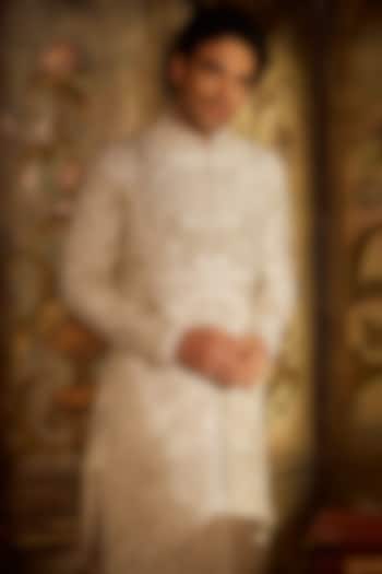 Ivory & Gold Raw Silk Thread Embroidered Sherwani Set by Seema Gujral Men