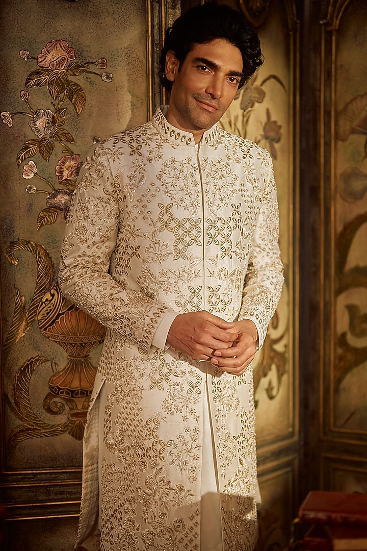 Ivory & Gold Raw Silk Thread Embroidered Sherwani Set by Seema Gujral Men