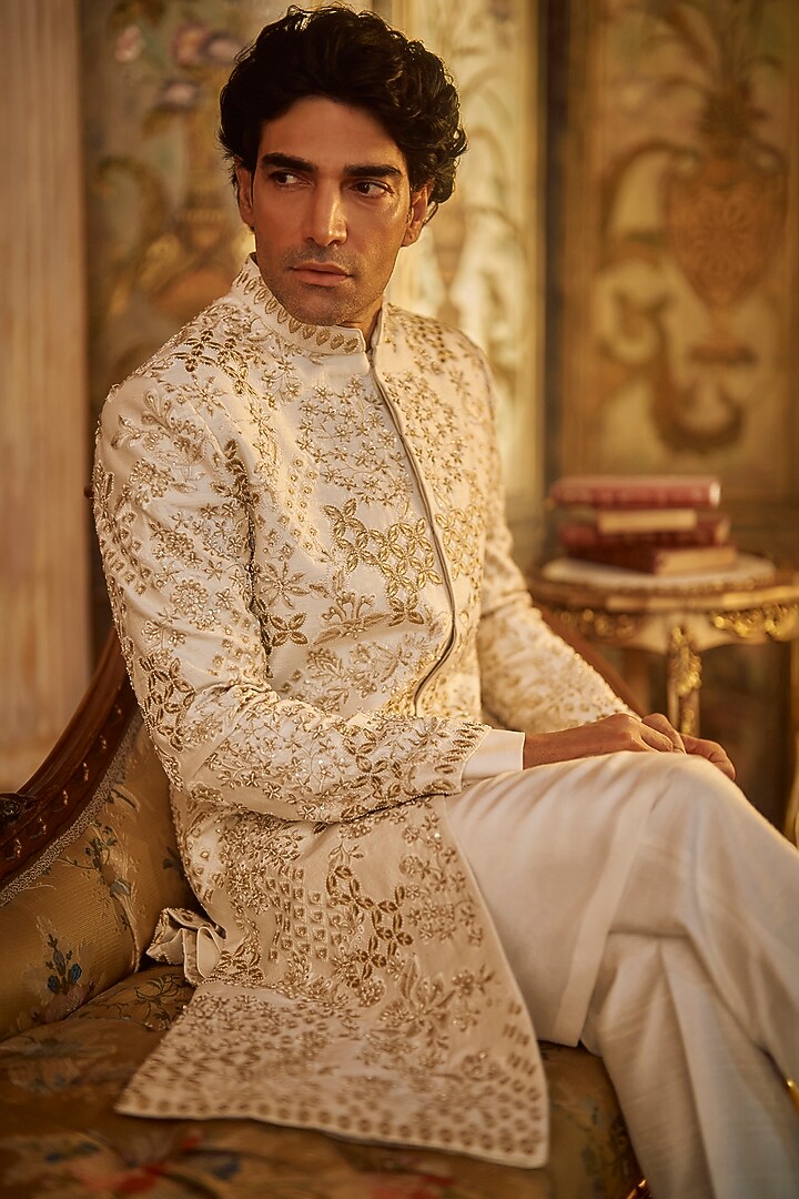 Ivory & Gold Raw Silk Thread Embroidered Groom Sherwani Set by Seema Gujral Men at Pernia's Pop Up Shop