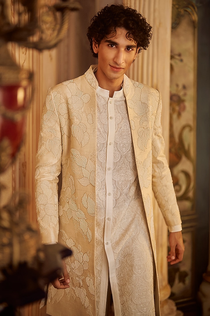 Nude Raw Silk Pearl & Thread Embroidered Sherwani Set by Seema Gujral Men