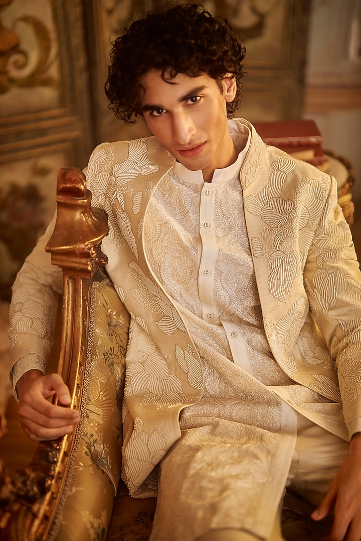 Nude Raw Silk Pearl & Thread Embroidered Groom Sherwani Set by Seema Gujral Men at Pernia's Pop Up Shop