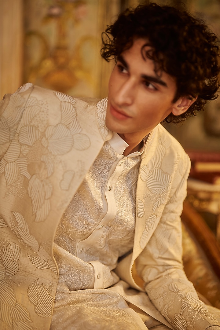 Nude Raw Silk Pearl & Thread Embroidered Groom Sherwani Set by Seema Gujral Men at Pernia's Pop Up Shop
