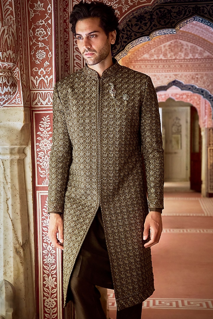 Olive Green Textured Silk Thread Work Groom Sherwani Set by Seema Gujral Men at Pernia's Pop Up Shop