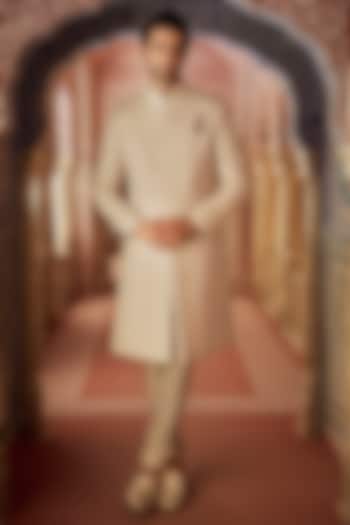 Champagne Raw Silk Thread Embroidered Sherwani Set by Seema Gujral Men