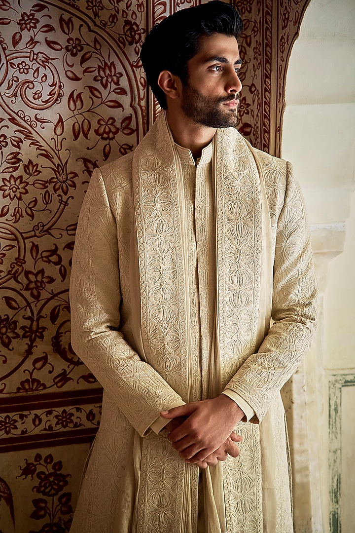 Champagne Raw Silk Thread Embroidered Groom Sherwani Set by Seema Gujral Men at Pernia's Pop Up Shop
