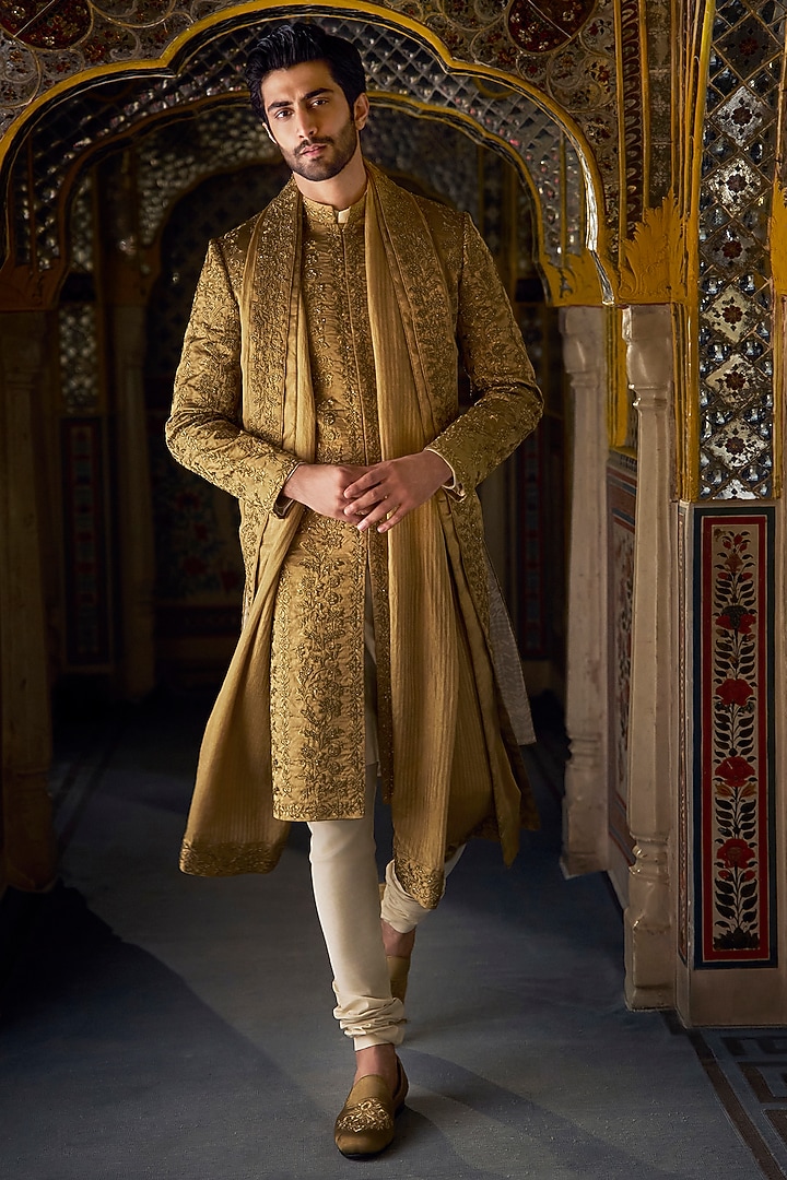 Antique Gold Tissue Silk Zari Embroidered Sherwani Set by Seema Gujral Men