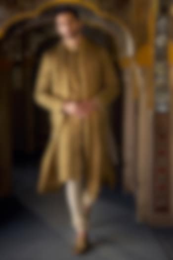 Antique Gold Tissue Silk Zari Embroidered Sherwani Set by Seema Gujral Men