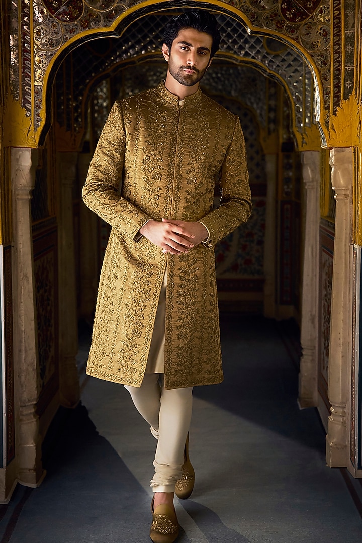 Antique Gold Tissue Silk Zari Embroidered Groom Sherwani Set by Seema Gujral Men at Pernia's Pop Up Shop