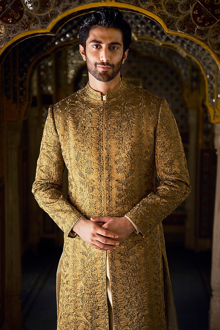 Antique Gold Tissue Silk Zari Embroidered Groom Sherwani Set by Seema Gujral Men at Pernia's Pop Up Shop