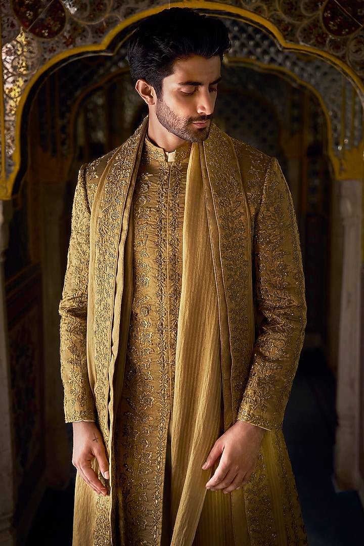 Antique Gold Tissue Silk Zari Embroidered Groom Sherwani Set by Seema Gujral Men at Pernia's Pop Up Shop