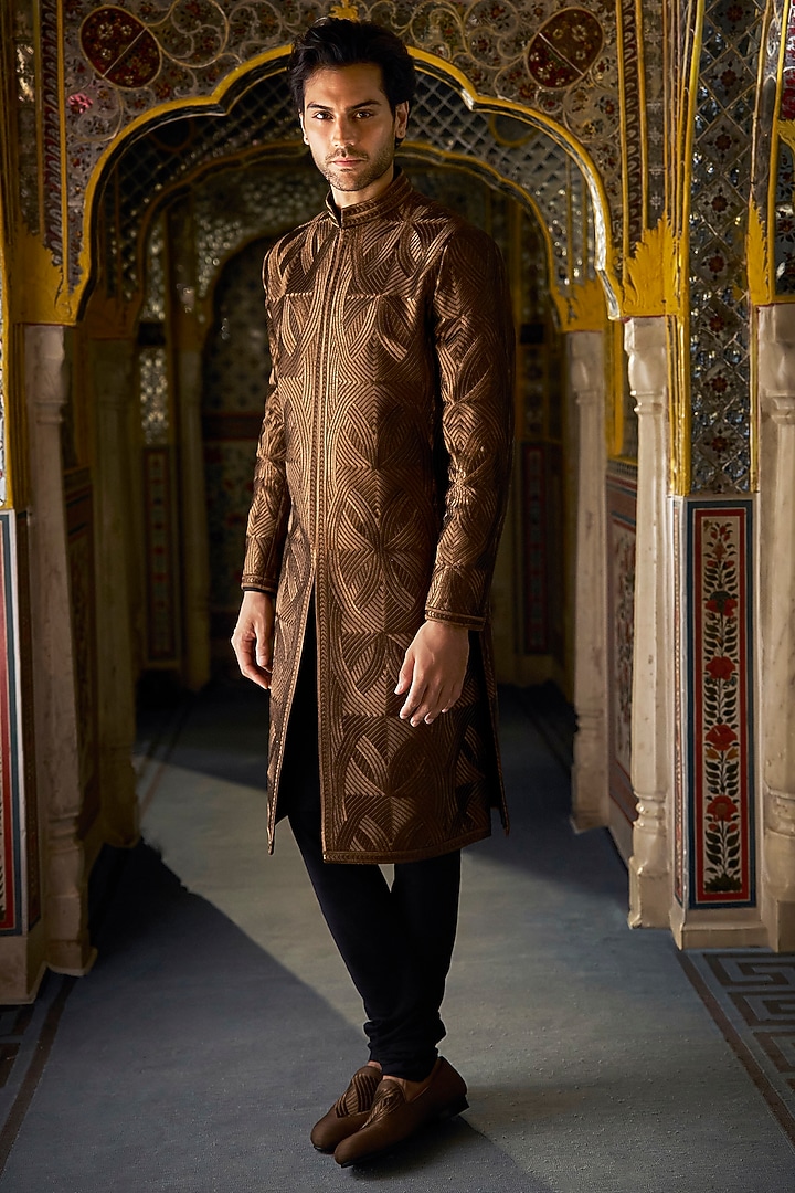 Bronze Silk Thread Embroidered Sherwani Set by Seema Gujral Men