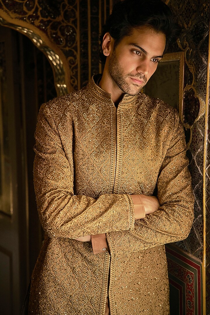 Antique Gold Tissue Silk Thread Embroidered Groom Sherwani Set by Seema Gujral Men at Pernia's Pop Up Shop