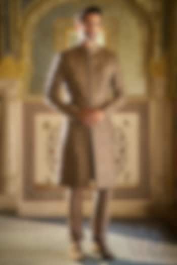 Slate Colored Raw Silk Thread Embroidered Sherwani Set by Seema Gujral Men