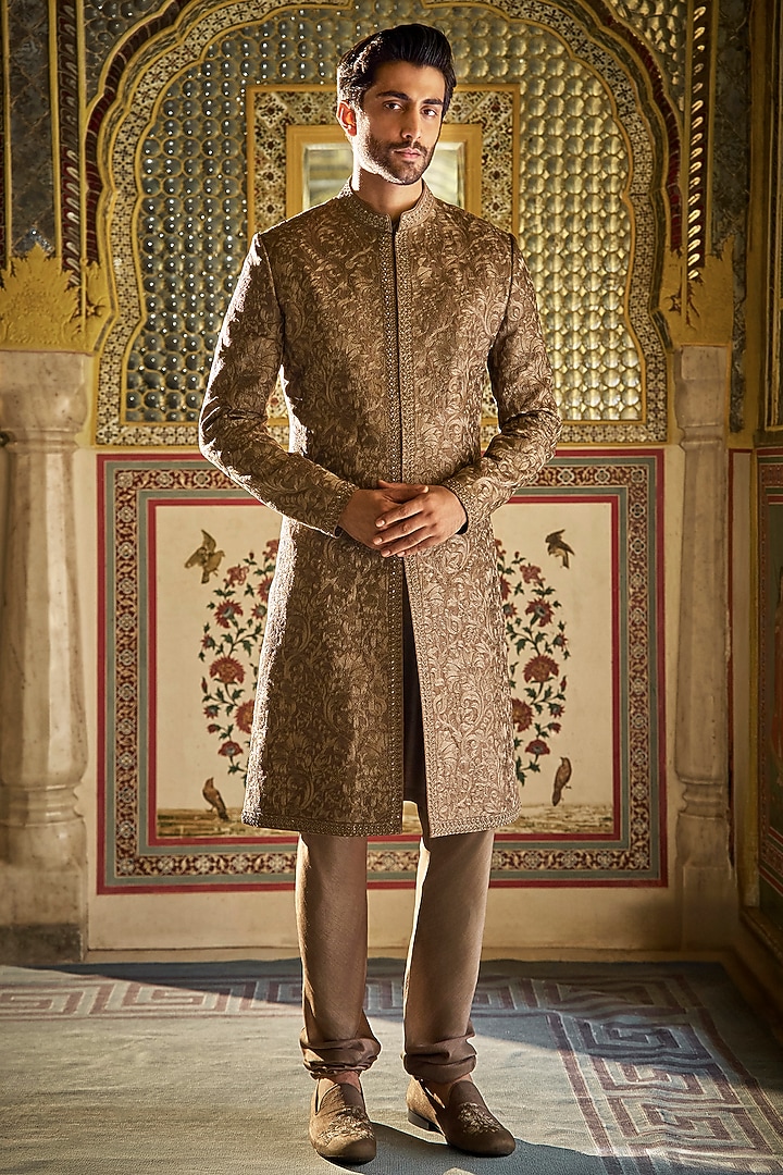 Slate Colored Raw Silk Thread Embroidered Sherwani Set by Seema Gujral Men