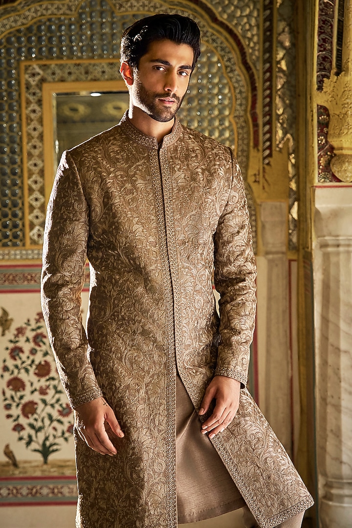 Slate Colored Raw Silk Thread Embroidered Groom Sherwani Set by Seema Gujral Men at Pernia's Pop Up Shop