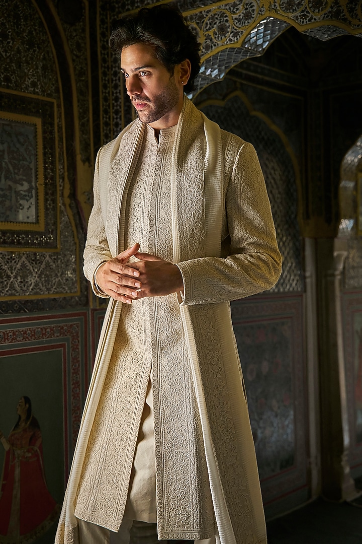 Champagne Raw Silk Thread Embroidered Groom Sherwani Set by Seema Gujral Men at Pernia's Pop Up Shop