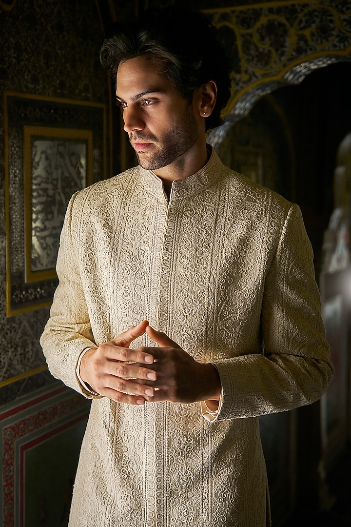 Champagne Raw Silk Thread Embroidered Groom Sherwani Set by Seema Gujral Men at Pernia's Pop Up Shop