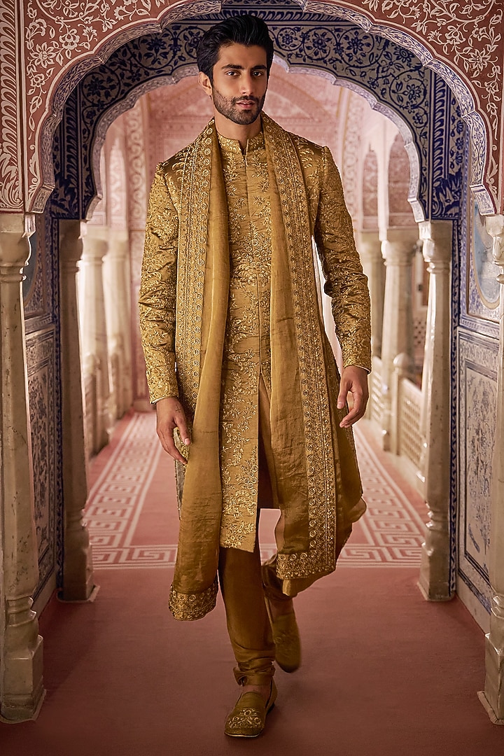 Antique Gold Tissue Silk Zari Embroidered Sherwani Set by Seema Gujral Men