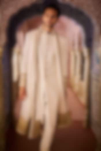 Ivory Matka Silk Zardosi Embroidered Sherwani Set by Seema Gujral Men