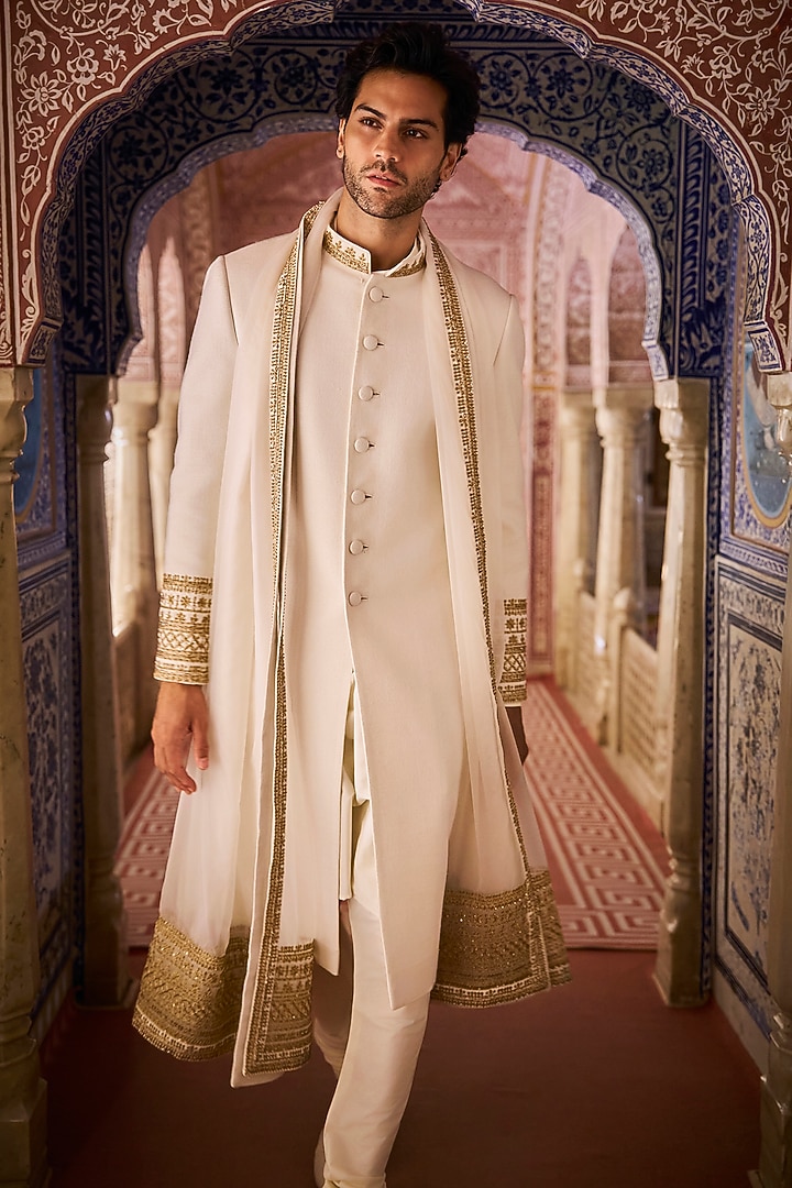 Ivory Matka Silk Zardosi Embroidered Sherwani Set by Seema Gujral Men