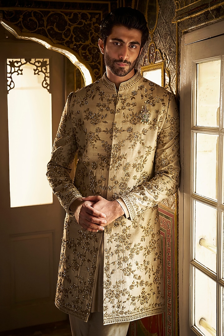 Beige Raw Silk Zardosi Embroidered Groom Sherwani Set by Seema Gujral Men at Pernia's Pop Up Shop