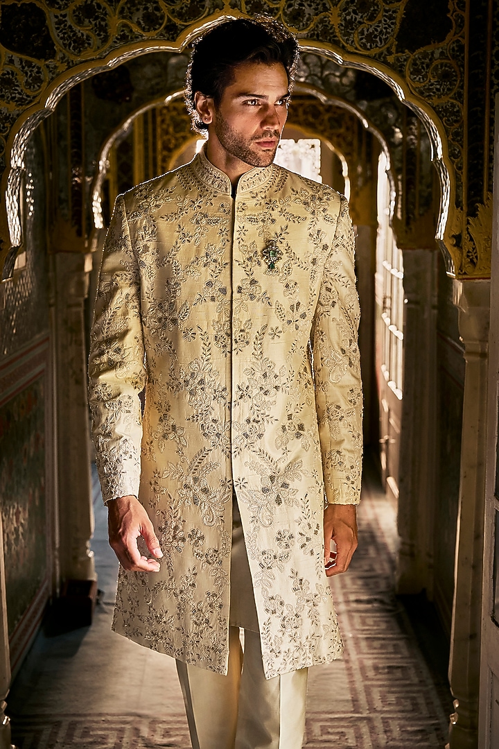 Ivory Raw Silk Dori Embroidered Groom Sherwani Set by Seema Gujral Men at Pernia's Pop Up Shop