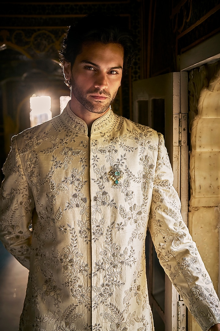 Ivory Raw Silk Dori Embroidered Groom Sherwani Set by Seema Gujral Men at Pernia's Pop Up Shop