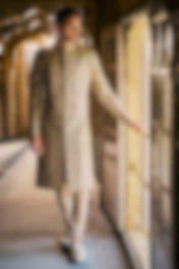 Beige Raw Silk Zardosi Embroidered Sherwani Set by Seema Gujral Men
