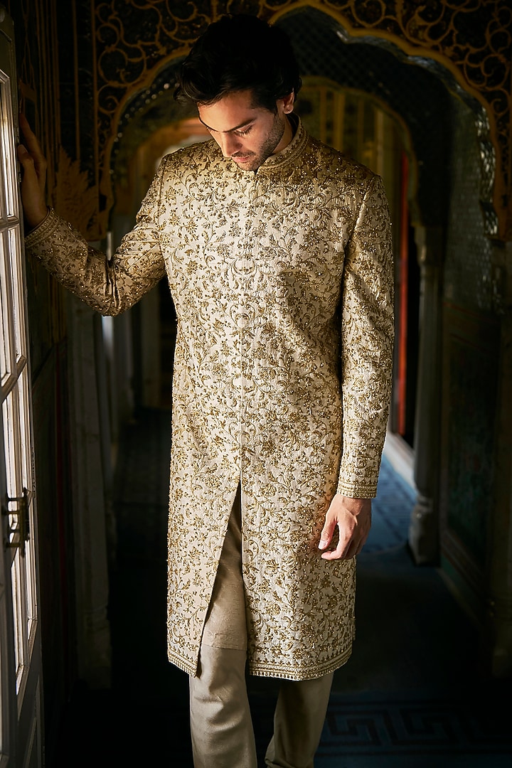 Beige Raw Silk Zardosi Embroidered Groom Sherwani Set by Seema Gujral Men at Pernia's Pop Up Shop