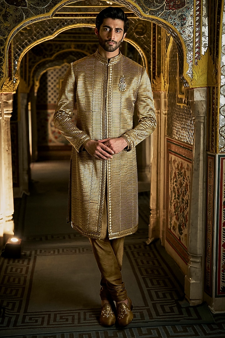 Military Green Raw Silk Thread Embroidered Sherwani Set by Seema Gujral Men