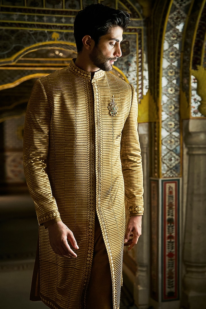 Military Green Raw Silk Thread Embroidered Groom Sherwani Set by Seema Gujral Men at Pernia's Pop Up Shop