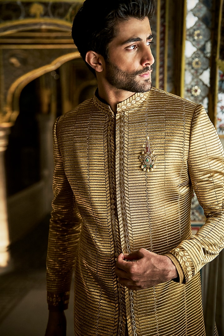 Military Green Raw Silk Thread Embroidered Groom Sherwani Set by Seema Gujral Men at Pernia's Pop Up Shop